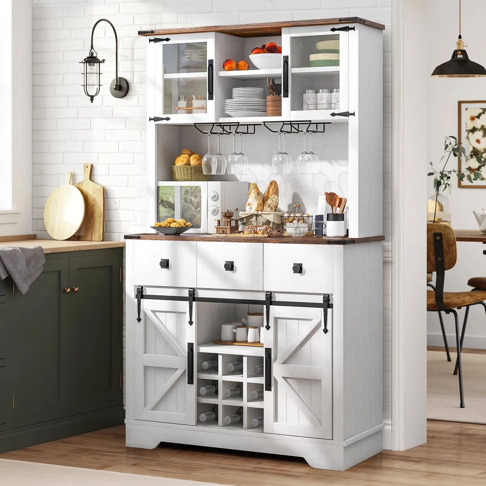 oneinmil Farmhouse Coffee Bar Cabinet with Storage, 72'' Tall Bar Cabinet with 3 Drawers, Wine Bar Cabinet with Sliding Barn Doors, Pantry for Kitchen, Set of Cabinet, White