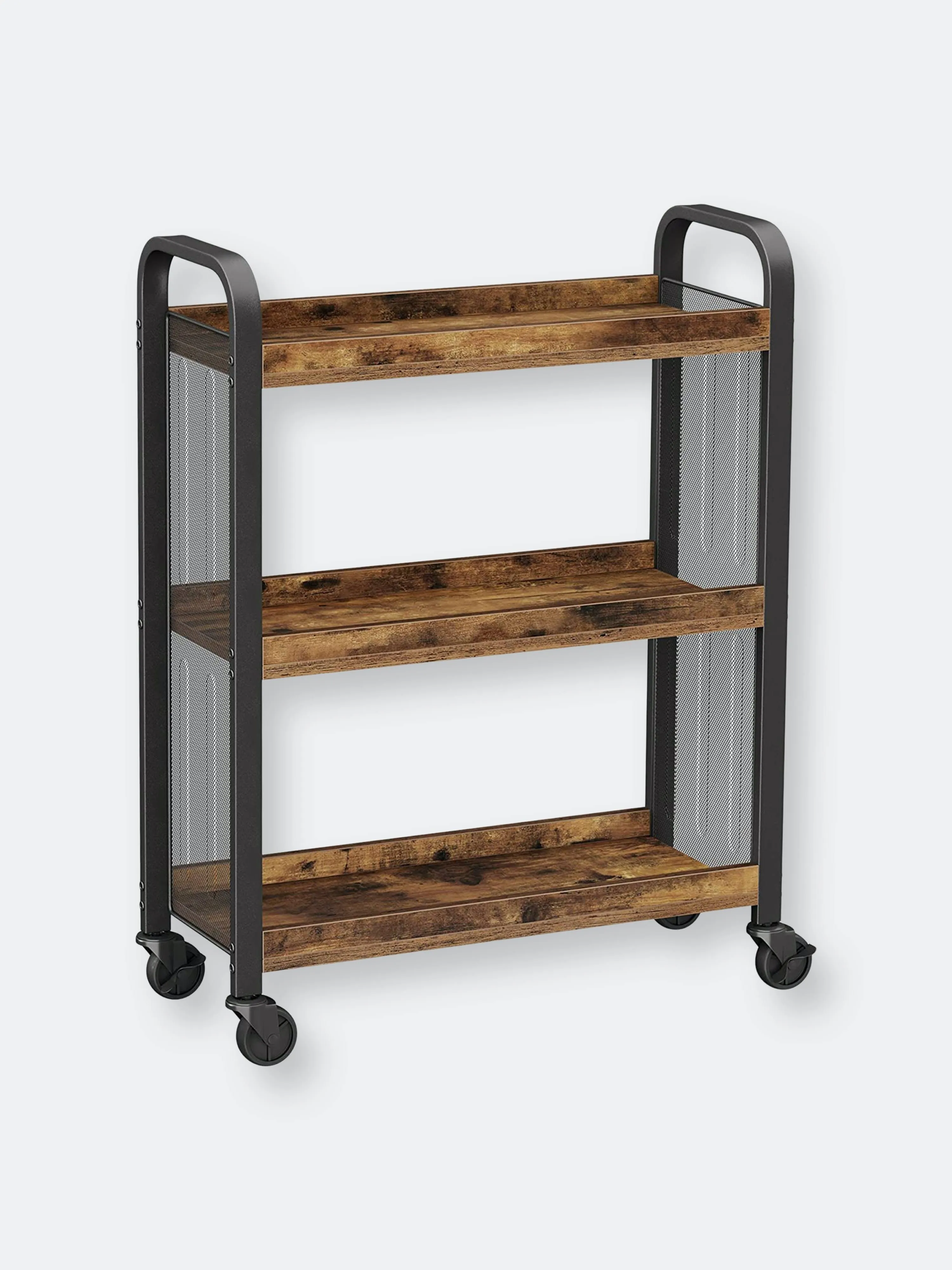 VASAGLE 3-Tier Narrow Storage Cart, Rolling Cart with Wheels, Steel Frame, Slim Storage Cart for Kitchen, Dining Room, Laundry Room, Adjustable Feet Included, Industrial Style, Rustic Brown and Black