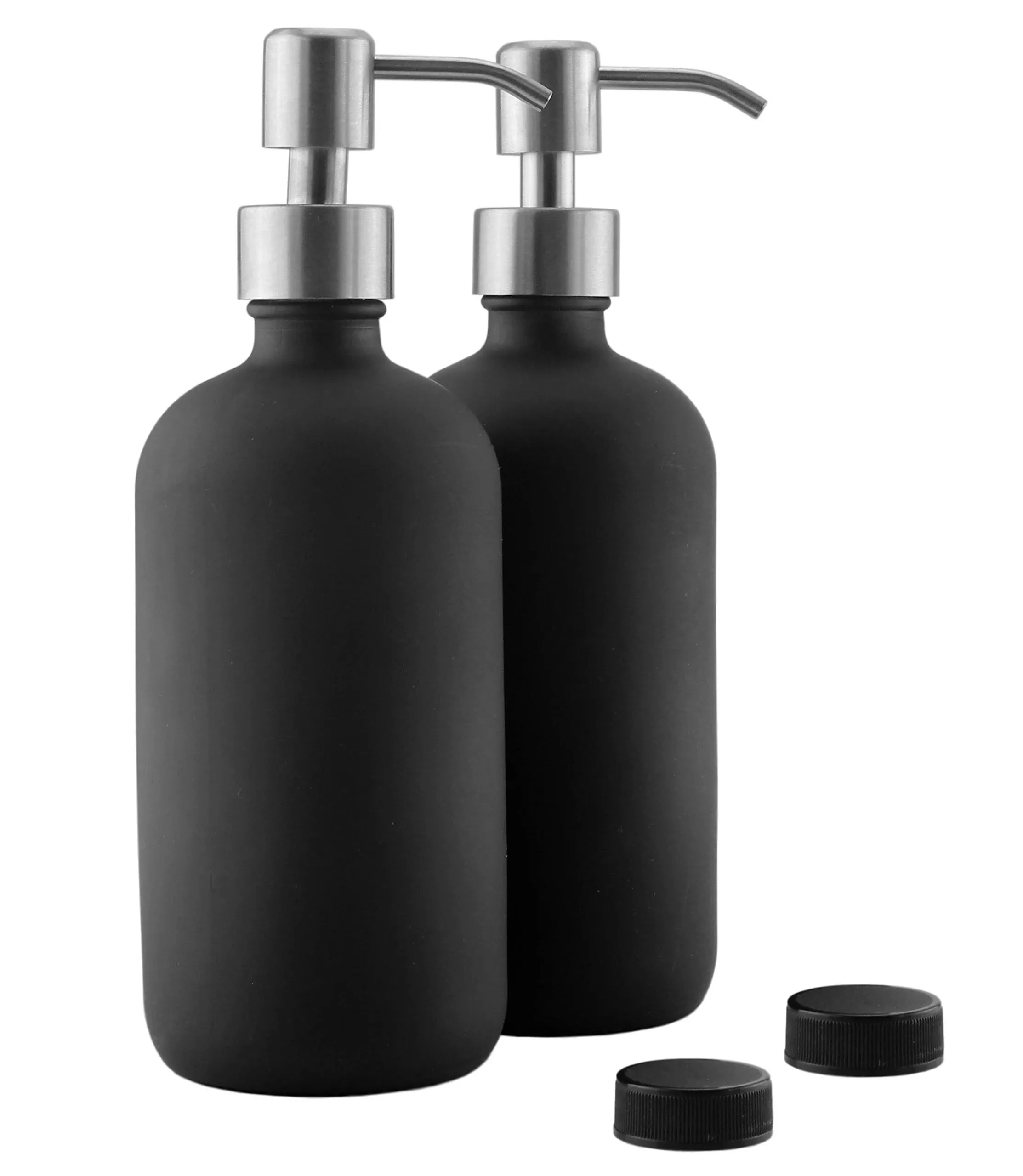 16oz Black Glass Bottles w/ Stainless Steel Pumps (2-Pack); Black Coated Boston ...