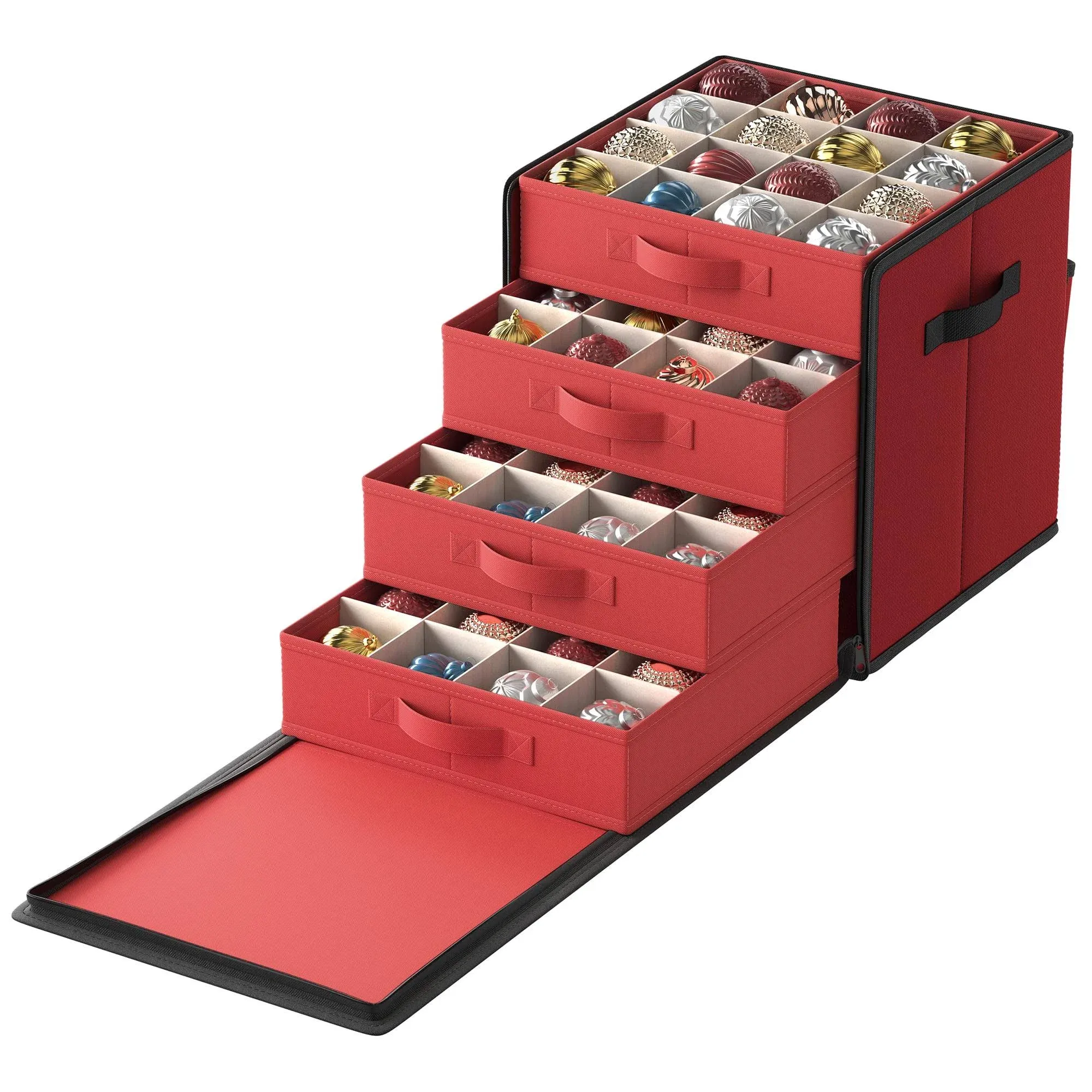 SONGMICS Christmas Ornament Storage Box, with Side Open, Stackable Christmas Storage Container with Lid, 4 Drawer Trays, 600D Oxford, 3-Inch 64 Slots, Cherry Red URFB037R01