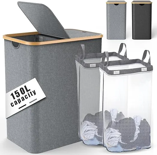 Laundry Hamper with Lid - Large Laundry Basket… (Black, 110L)