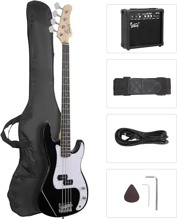 GLARRY Full Size Electric Bass Guitar Beginner Kit 4 String with AMP, Cable, Strap, Bag and Accessories (Black)