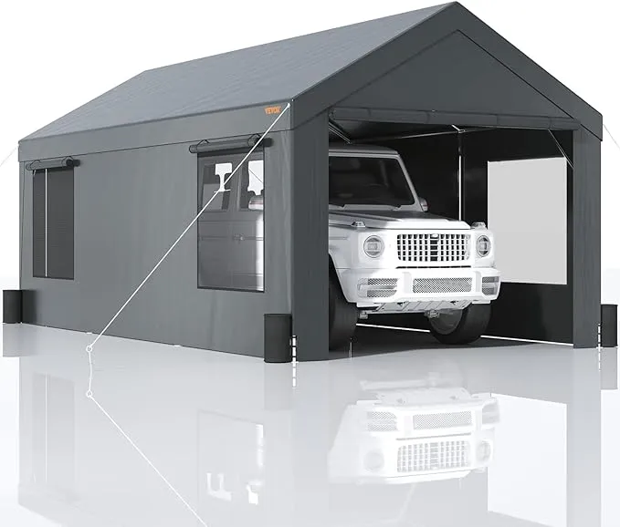 VEVOR Carport 10x20ft Portable Garage, Heavy Duty Car Canopy with Roll-Up Ventilated Windows & Removable Sidewalls, UV Resistant