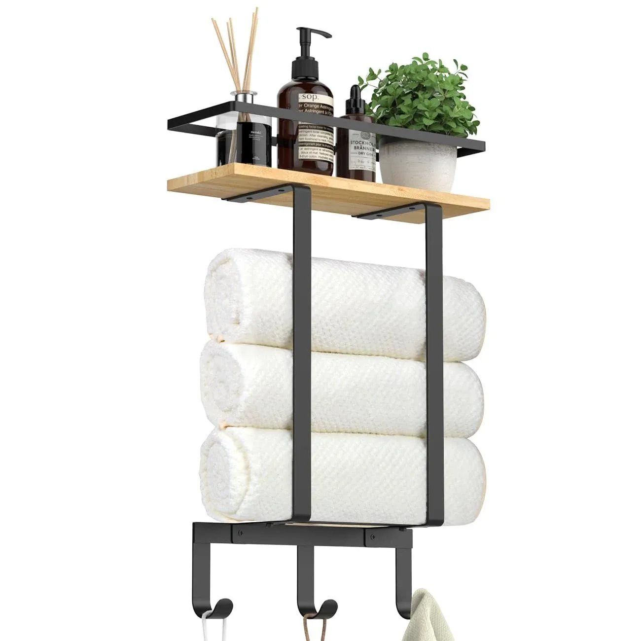 Luxspire Towel Racks Wall Mounted for Bathroom, Towel Holder Wall Mounted with Wooden Floating Shelf & 3 Metal Hooks, Rolled Bath Towel and Hand Towel Rack for Bathroom, Black + Wooden