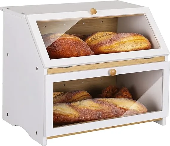 HOMEKOKO Double Layer Large Bread Box for Kitchen Counter Wooden Large Capaci...