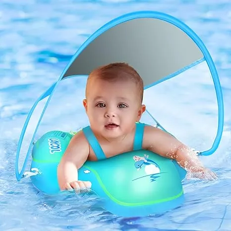 LAYCOL Baby Swimming Float with Upf50+ Sun Canopy Baby Floats for Pool No Flip Overbaby Pool for Baby Age of 3-36 Months (Blue, L)