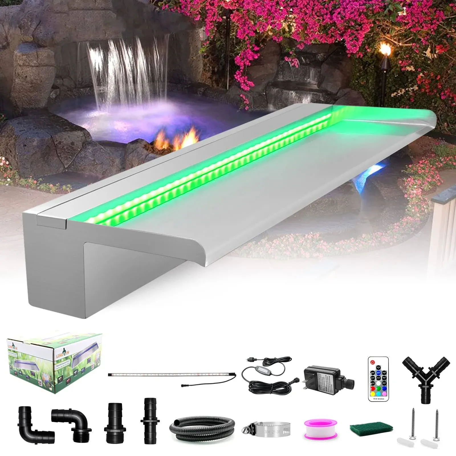 LONGRUN Stainless Steel Waterfall Spillway, APP Control Multi-Color LED Light Outdoor Pool Fountain, Water Spillway Koi Pond Waterfalls Fountains Kit for Garden Patio Swimming Pool Decoration-23.6"