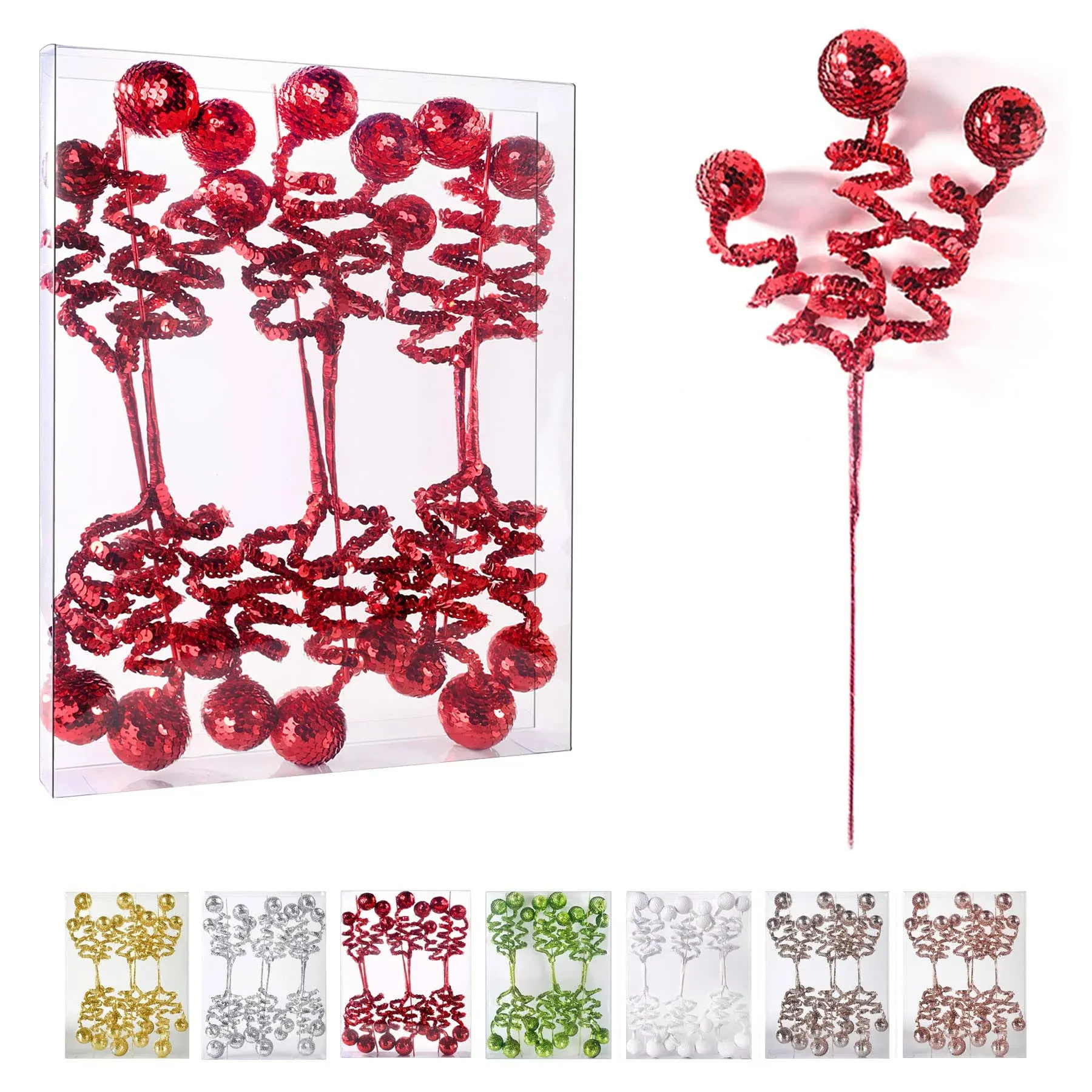 ZHANYIGY 6pc Set Red Christmas Tree Decorationsequins Ball Curly Pick, Christmas ...