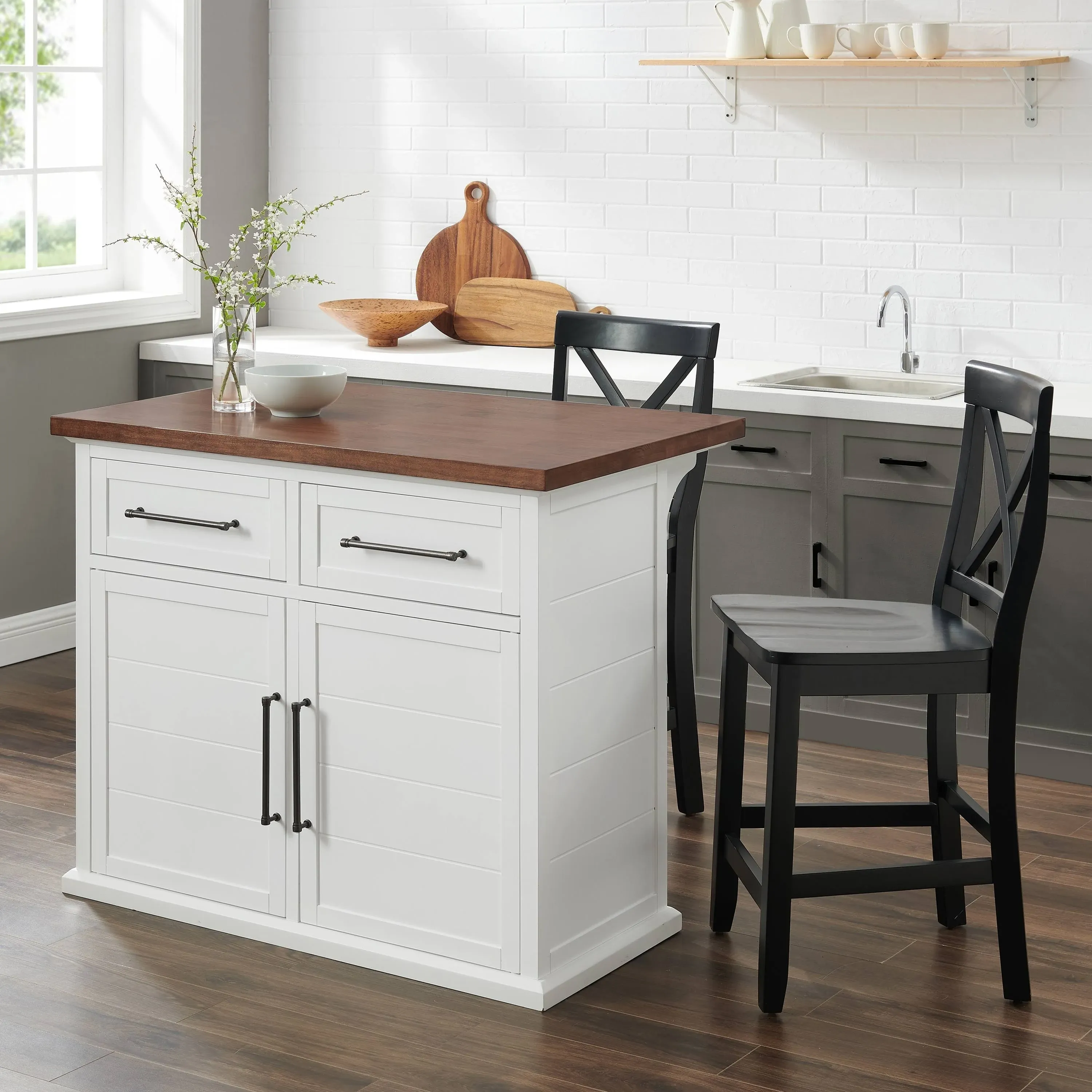 Bartlett Wood Top Kitchen Island W/X-Back Stools