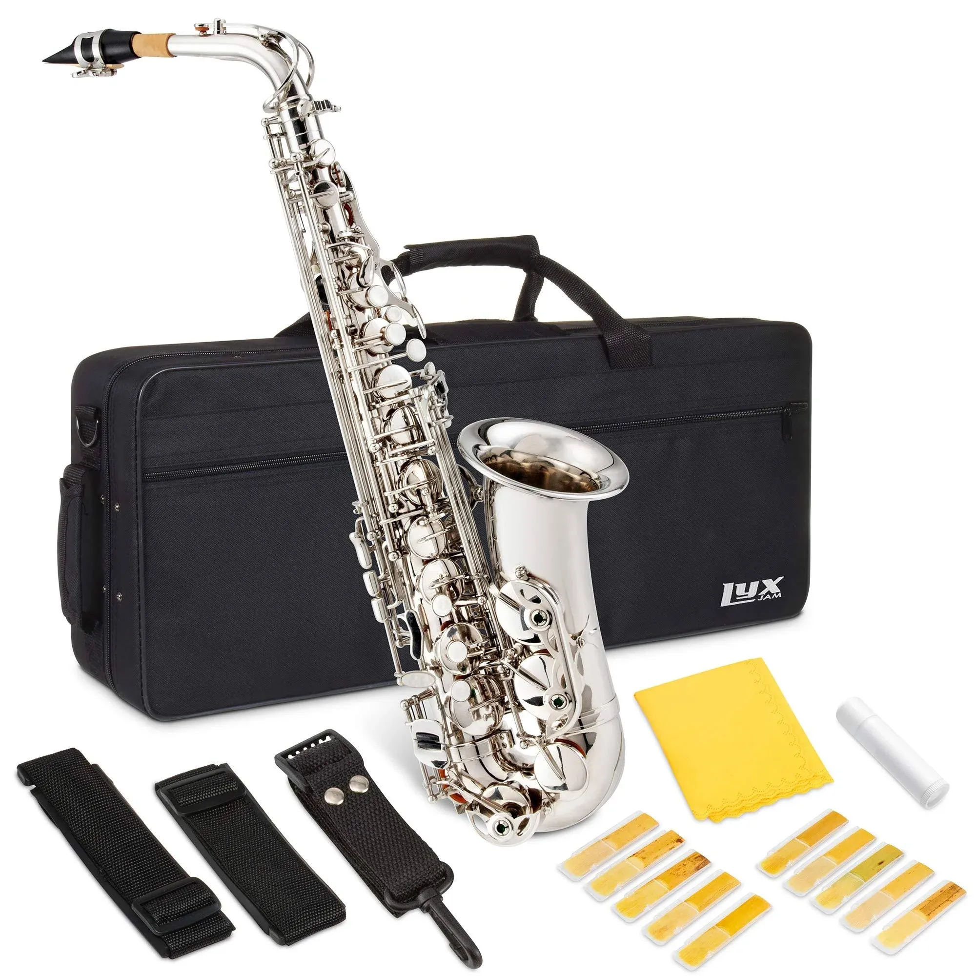 LyxJam Alto Saxophone, E Flat Brass Alto Sax Beginners Kit, Nickel Plated