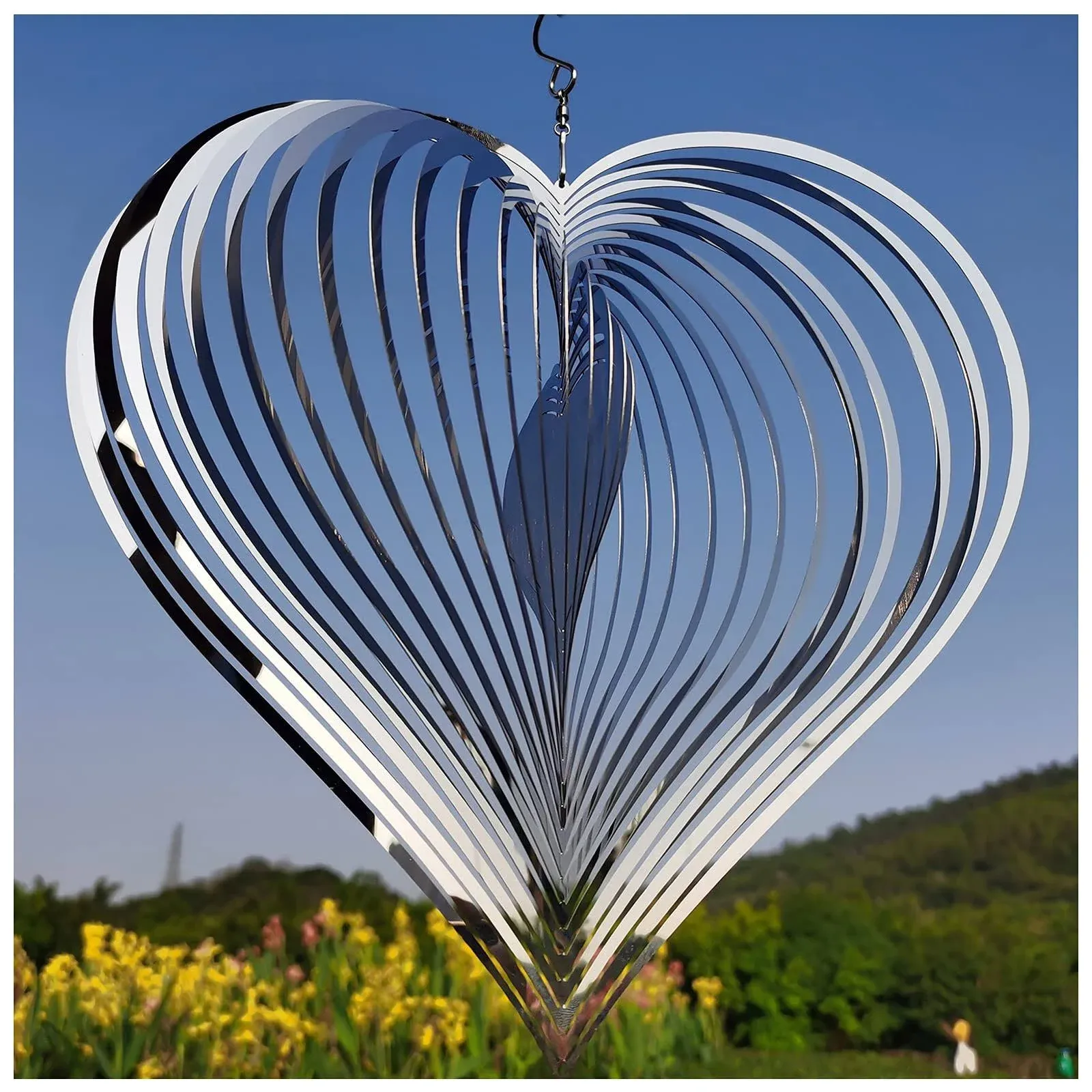 Garden Yard Outdoor Wind Spinner Metal Decorations Silver Heart Spinners