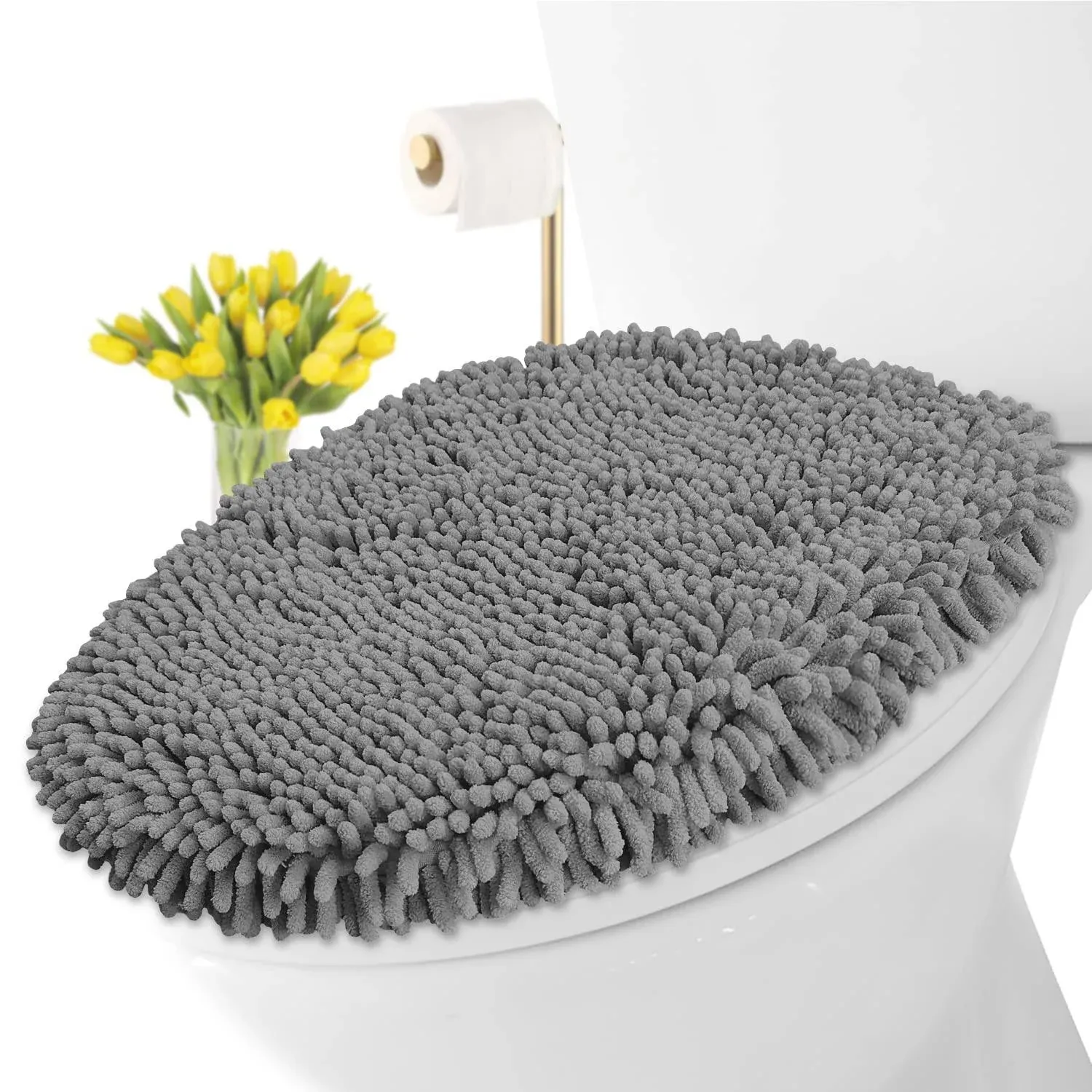 LuxUrux Toilet Lid Cover Extra-Soft Plush Seat Washable Shaggy Microfiber ...