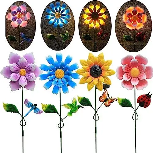 Solar Garden Stakes Lights for Outdoor Decor, 4 Pack Waterproof Metal Art Stick Flowers, Light for Outside Garden Patio Pathway Yard Backyard Porch