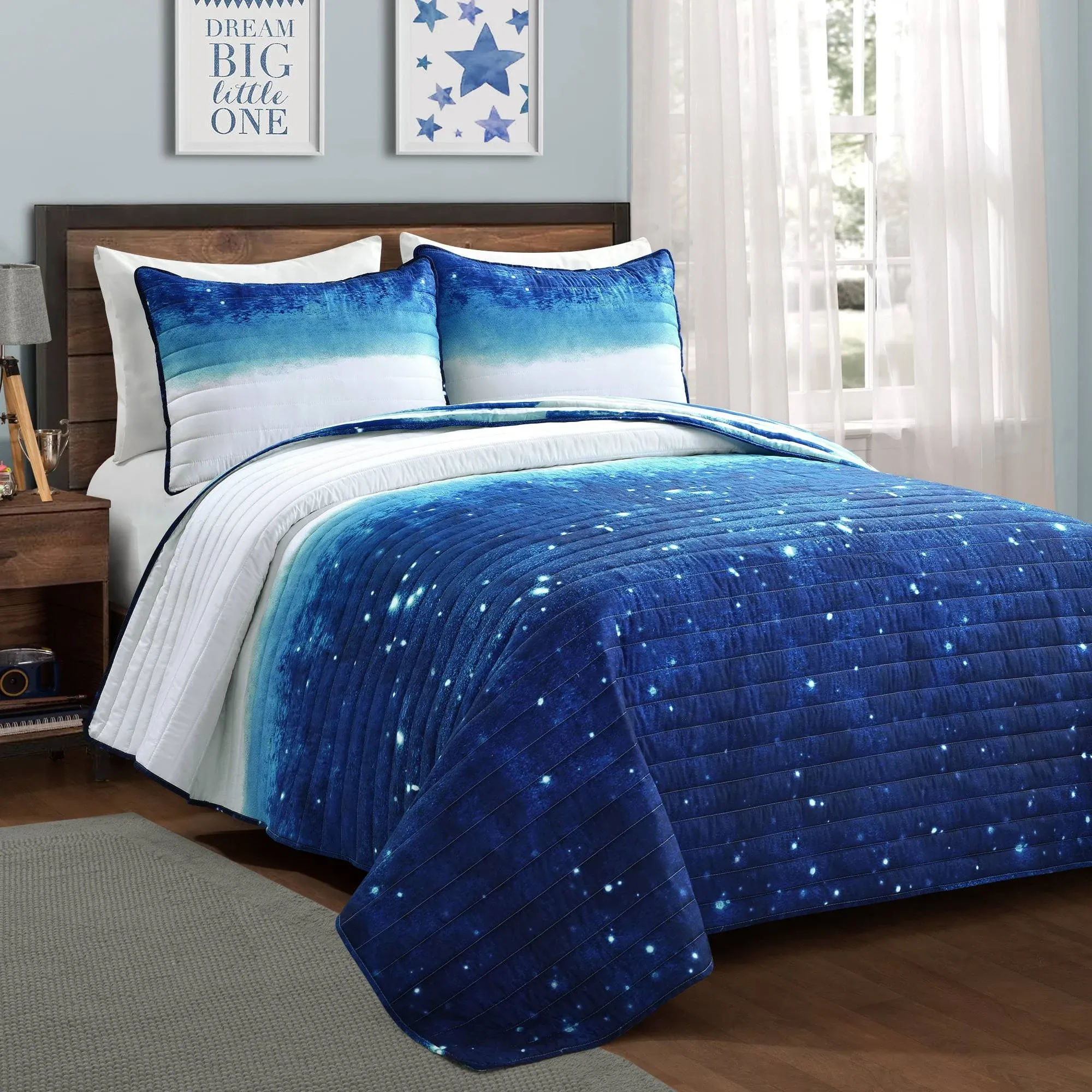 Lush Decor Space Star Ombre Quilt 2 Piece Set, Twin, Navy & White - Toddler Galaxy Reversible Watercolor Stripe Print for Kids Room