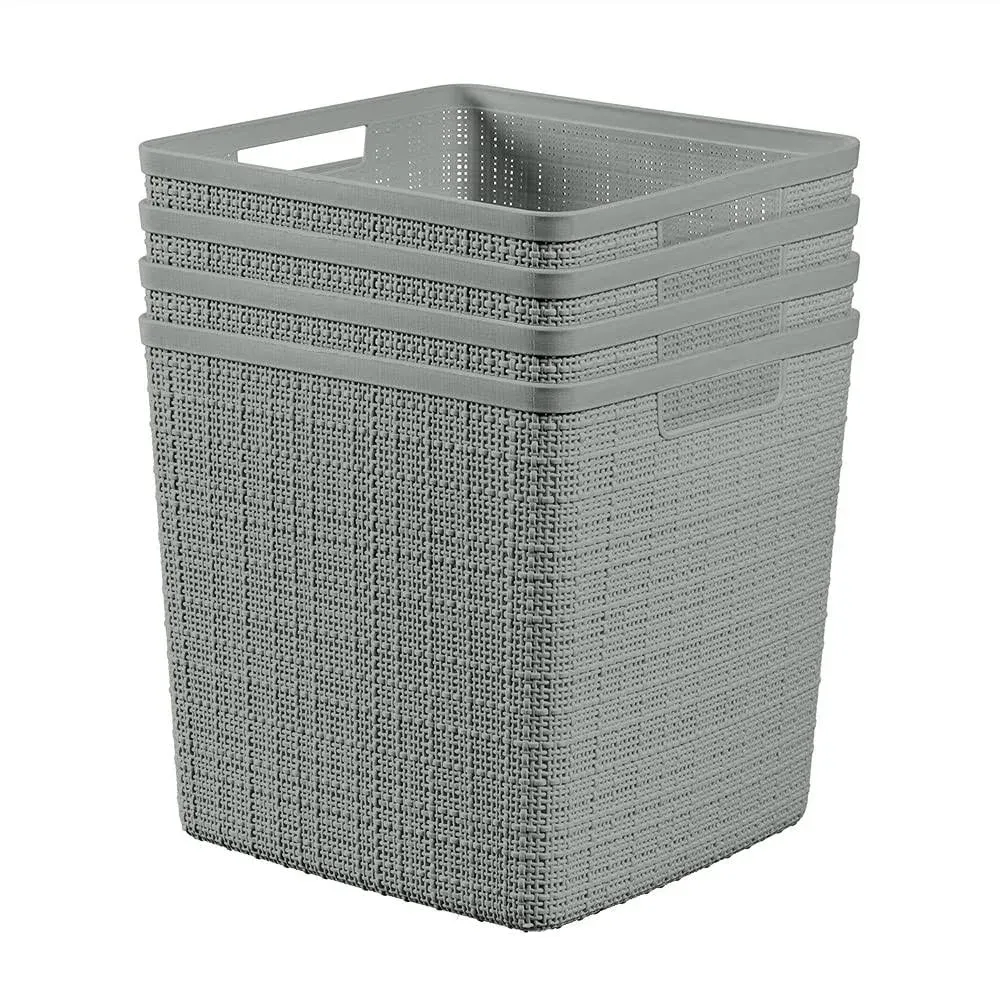 Curver Jute Decorative Plastic Organization and Storage Basket Perfect Bins for Home Office, Closet Shelves, Kitchen Pantry and All Bedroom Essentials, Large Cube, Grey, Set of 4