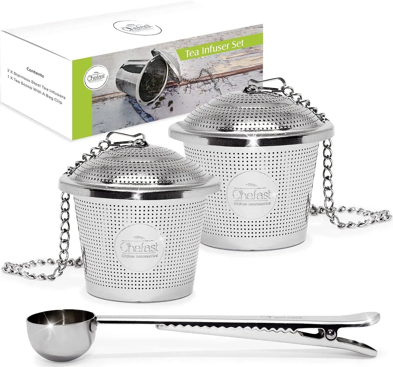 Tea Infuser for Loose Tea - Set of 2 Large Cup & Scoop with Bag Clip - Reusable Tea Strainers, Steeper for Loose Tea, Diffusers for Brew, Tea, Spices & Seasonings. Satisfaction Guarantee