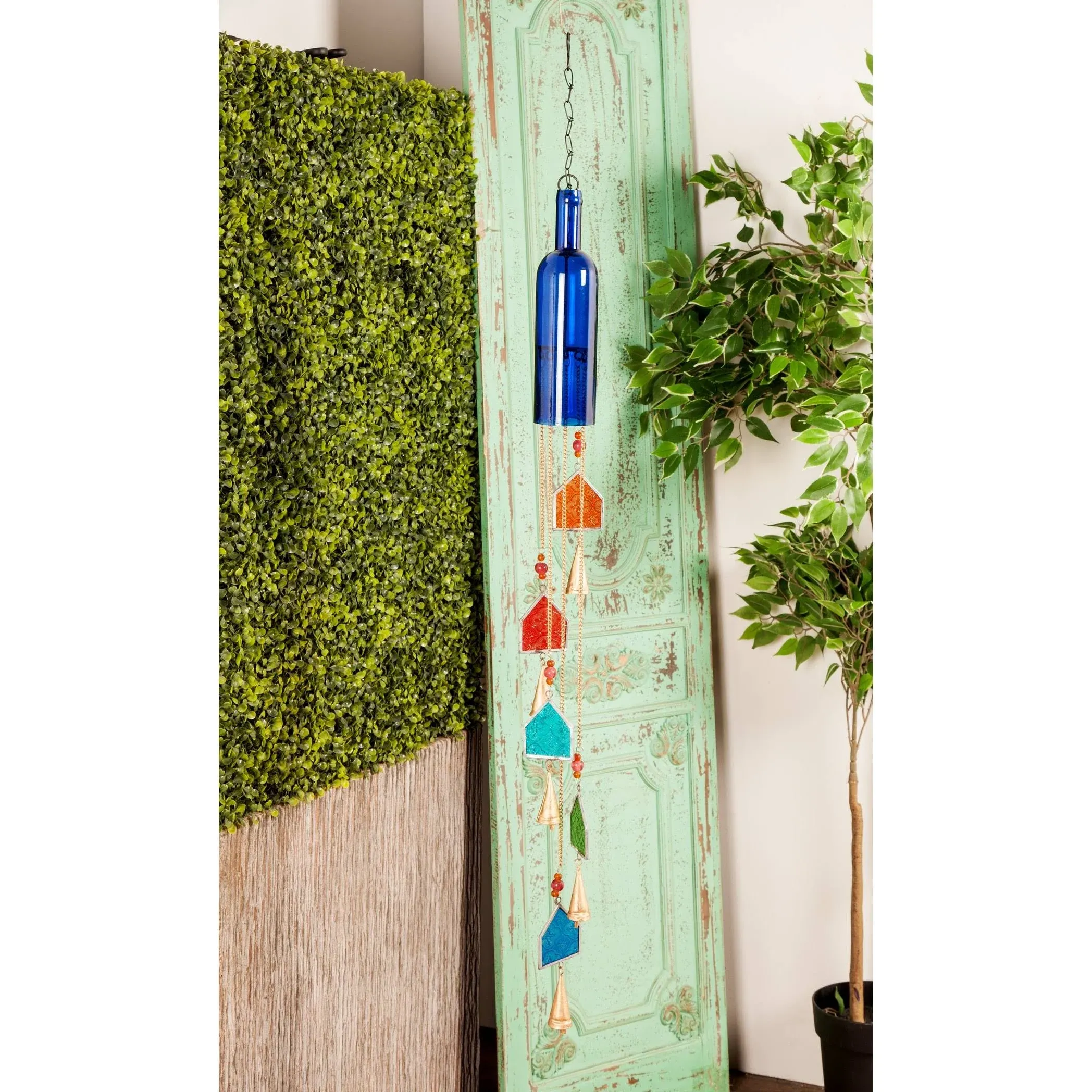 41 in. Blue Glass Bottle Windchime with Beads and Cone Bells