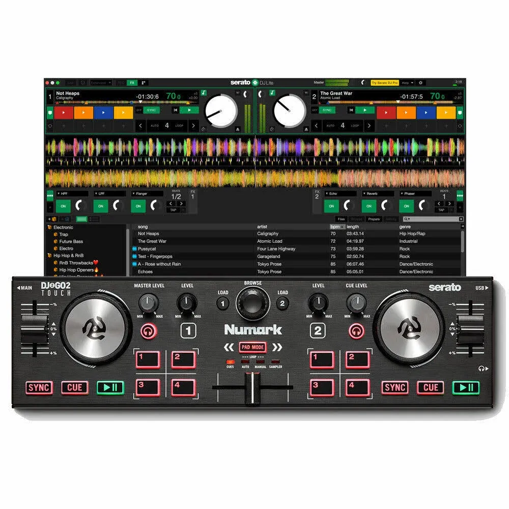 Numark DJ2GO2 Touch – Compact 2 Deck USB DJ Controller For Serato DJ with a Mixer / Crossfader, Audio Interface and Touch Capacitive Jog Wheels