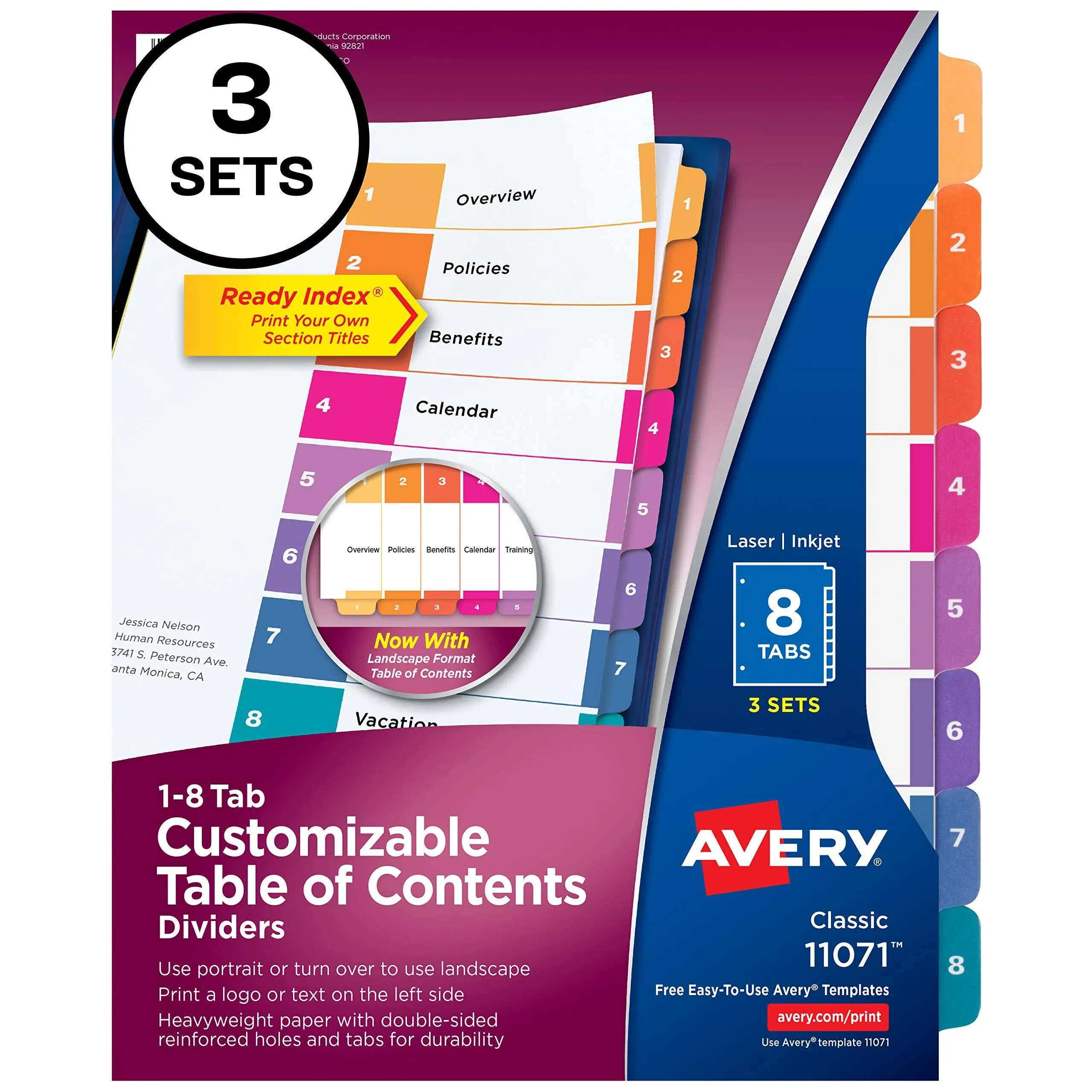 Avery 8 Tab Dividers for 3 Ring Binders, Customizable Table of Contents, Multicolor Tabs, 3 Sets (11071)