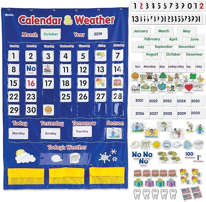 Learning Resources Calendar/Weather Pocket Chart 136 Pieces, Boys and Girls Ages 3+, Teacher and Classroom Supplies, Back to School Supplies