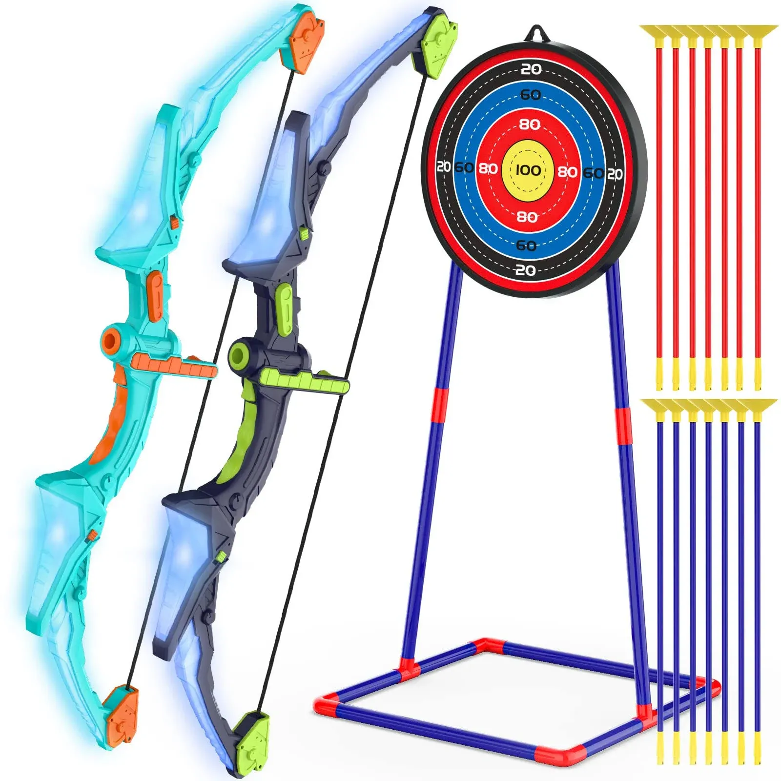 Kmuxilal 2023 2 Pack Kids Bow and Arrow Set with LED Flash Lights, 14 Suction Cup Arrows and Fluorescence Standing Target-Perfect Indoor and Outdoor