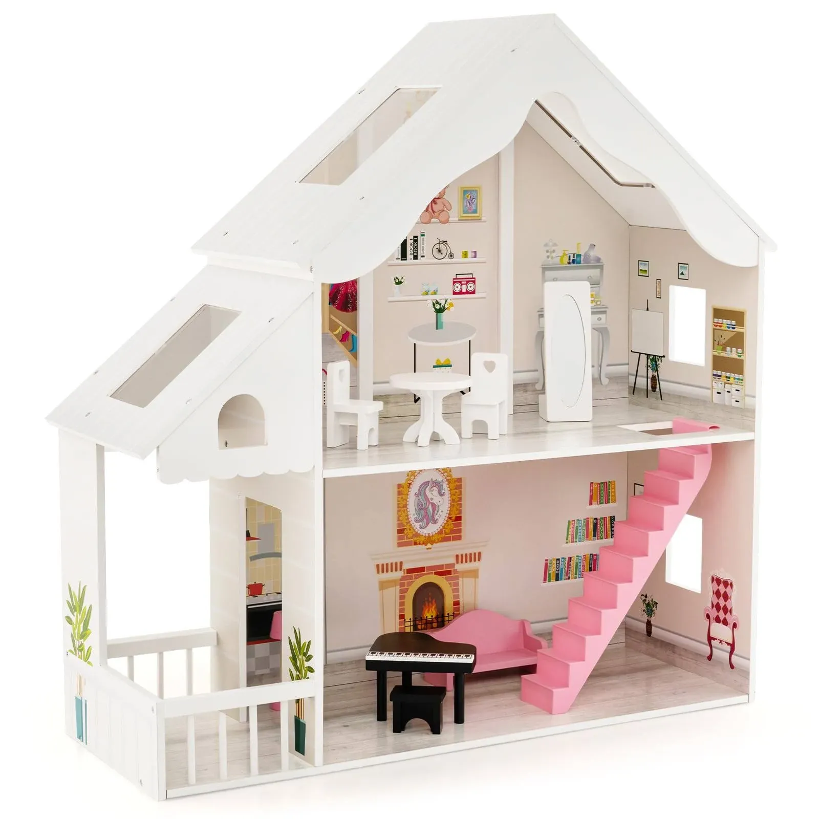 Costzon Kids Wooden Dollhouse, 2-in-1 Cottage Dollhouse Bookcase w/ 6 