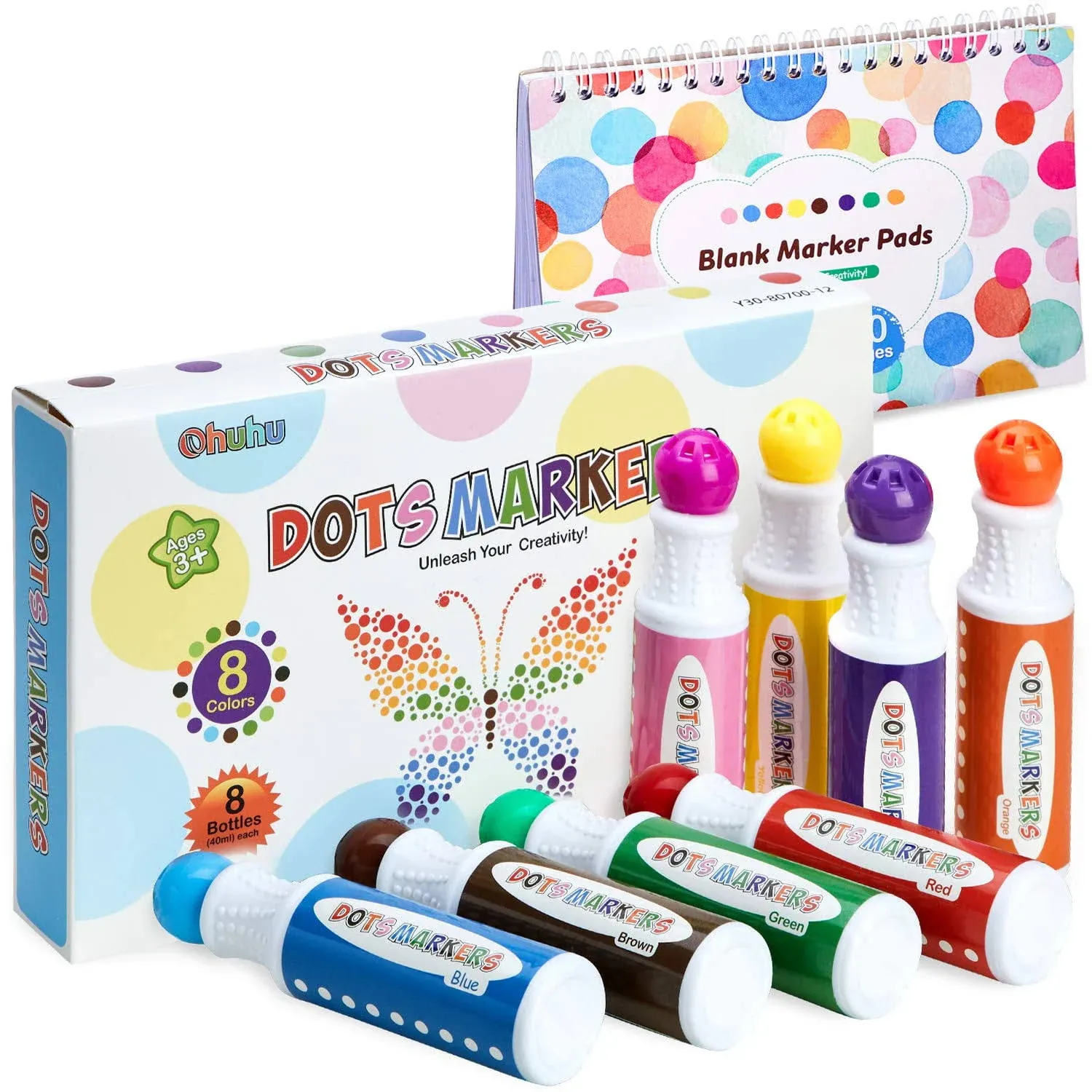 Ohuhu Washable Dot Markers for Toddler 8 Colors Bingo Daubers 40 ml (1.41 oz) with a Blank 30 Pages Kids Activity Book for Kids Children (3 Ages +) Preschool Non-Toxic Water-Based Dot Art Markers