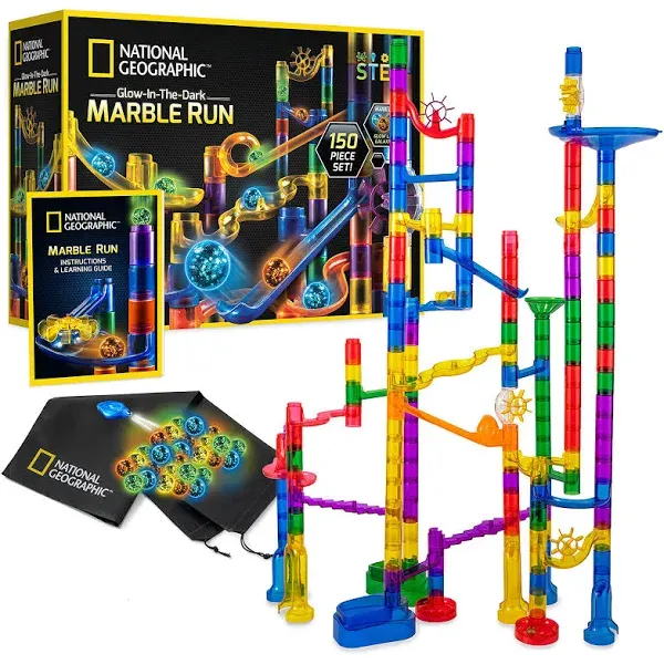 NATIONAL GEOGRAPHIC Glowing Marble Run – 150 Piece Construction Set with 30 Glow in the Dark Glass Marbles & Storage Bag, STEM Gifts for Boys and Girls, Building Project Toy (Amazon Exclusive)