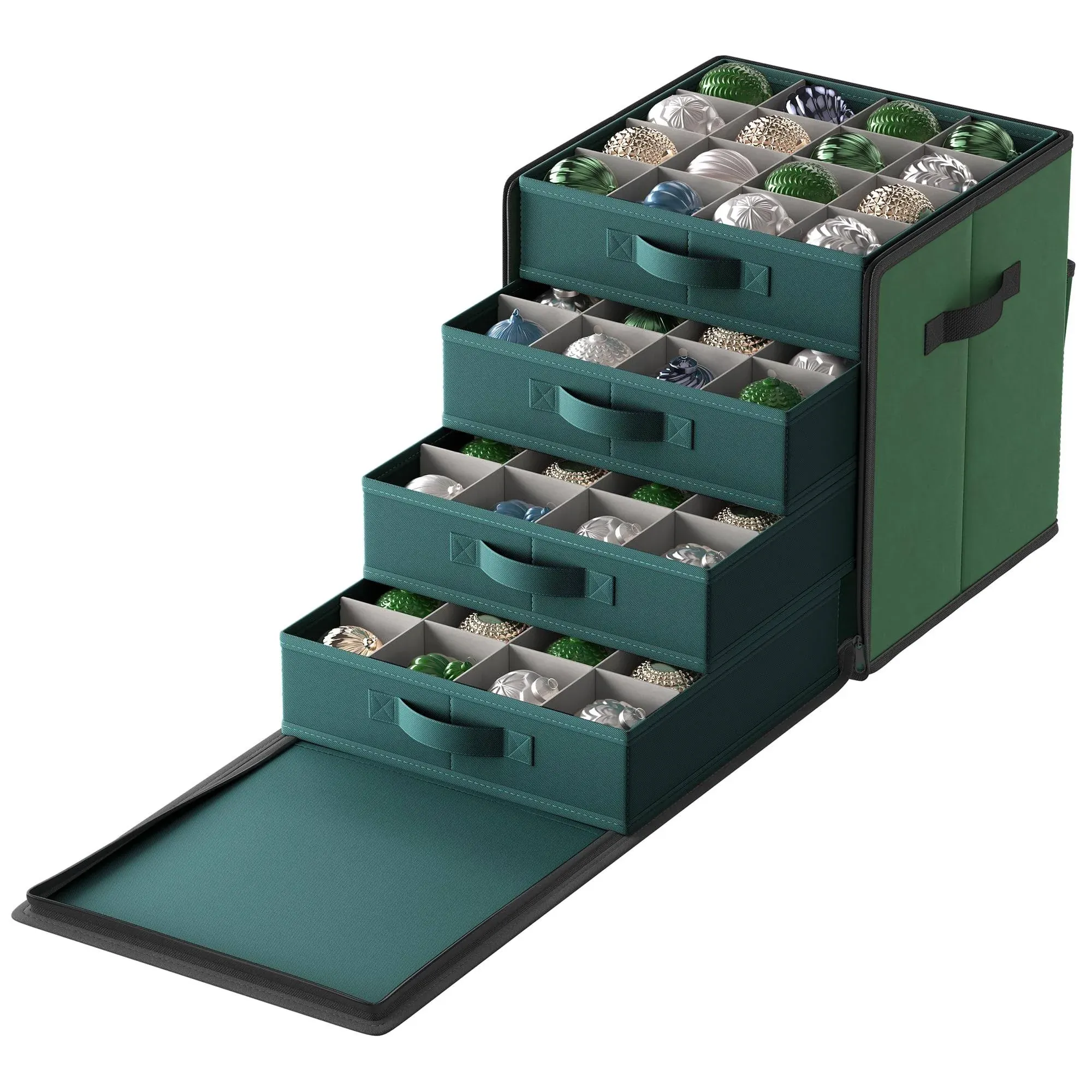 SONGMICS Christmas Ornament Storage Box, with Side Open, Stackable Christmas Storage Container with Lid, 4 Drawer Trays, 600D Oxford, 3-Inch 64 Slots, Forest Green URFB037C01