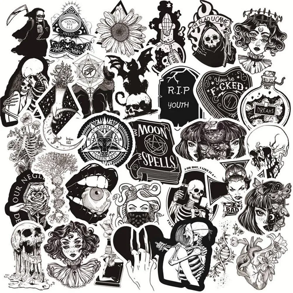 50PCS Gothic Stickers for Water Bottle,Black White Skull Stickers,Waterproof Vinyl Stickers Perfect for Laptop Phone Car Skateboard