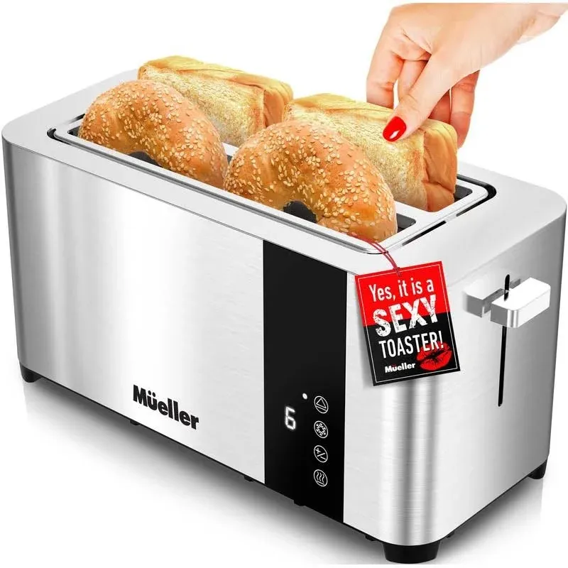 Mueller UltraToast Full Stainless Steel Toaster 4 Slice, Long Extra-Wide Slots with Removable Tray, Cancel/Defrost/Reheat Functions, 6 Browning Levels with LED Display