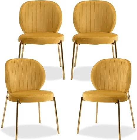 DAGONHIL Dining Chairs Set of 4,Velvet Yellow Chairs,Mid Century Modern Upholstered Vanity Chairs with Golden Metal Leg for Kitchen,Dining Room(4PCS,Yellow)