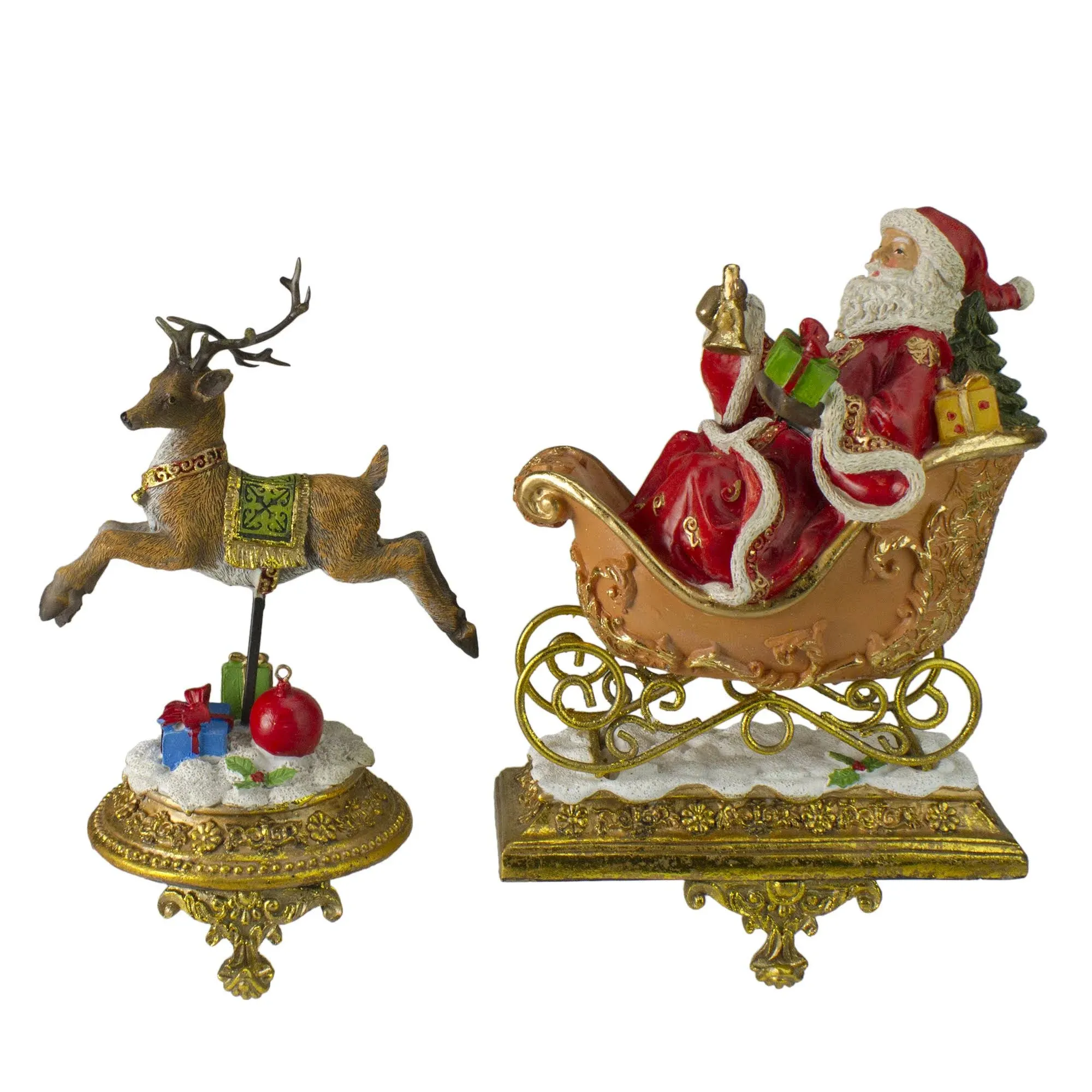 Set of 2 Gold Santa Reindeer Glittered Christmas Stocking Holders 9.5"