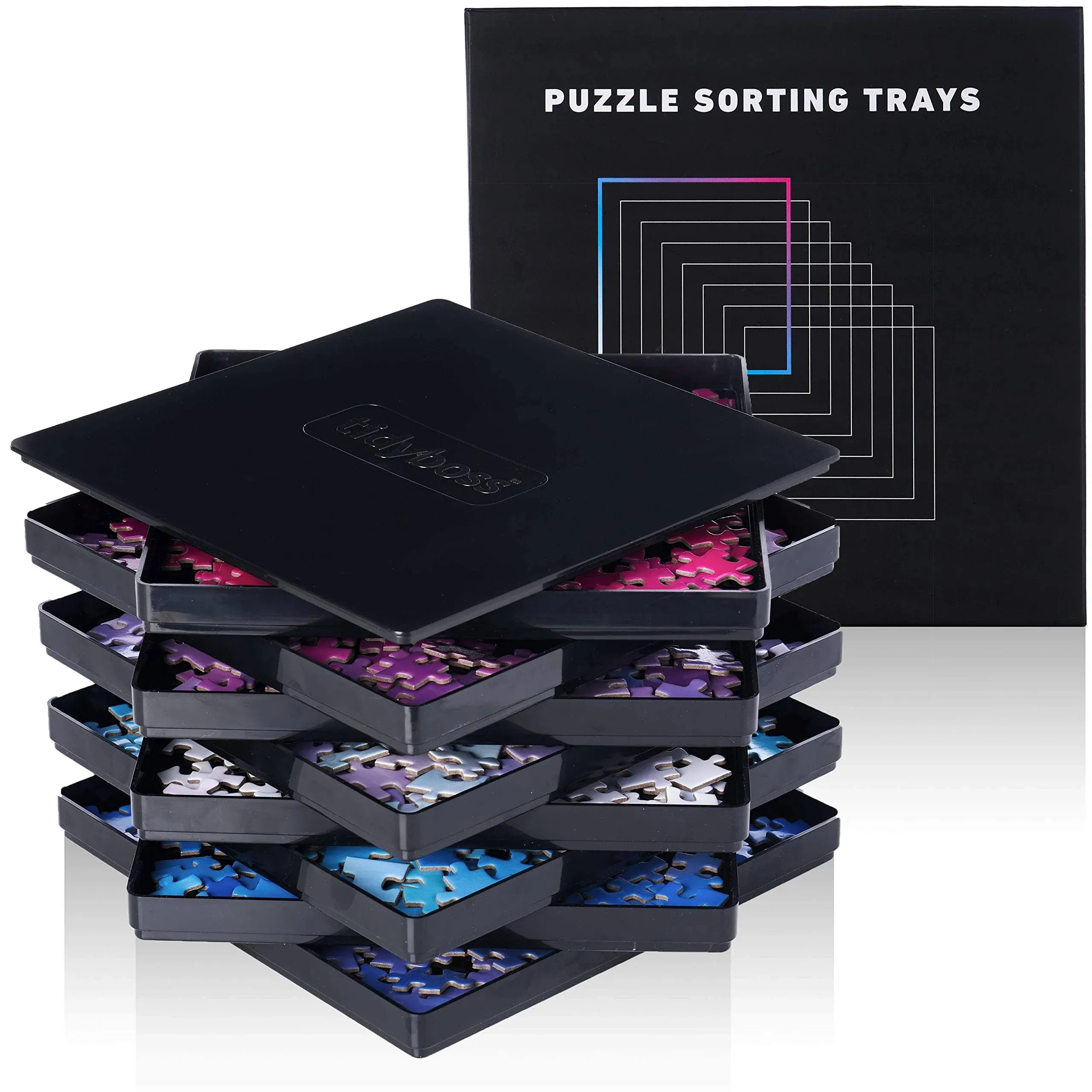 8 Black Puzzle Sorting Trays with Lid 10" x 10" | Puzzle Organizers and Storage | Jigsaw Puzzle Storage Board | for Puzzles Up to 1500-2500 Pieces