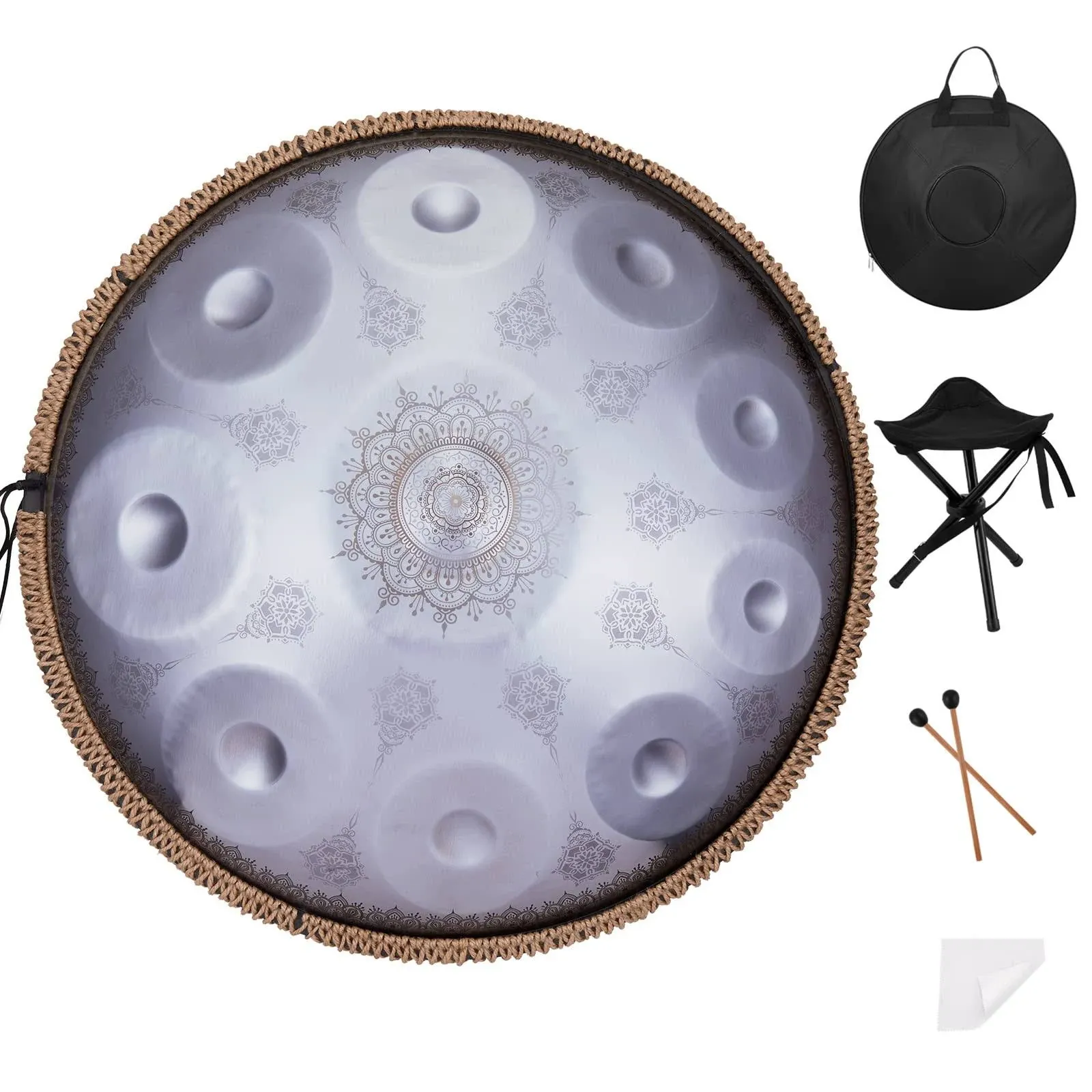 Handpan-Premium 432HZ 22 Inches 10 Notes D Minor Steel Hand Pan Drum Set,Silver Print Adults Handpan Drum