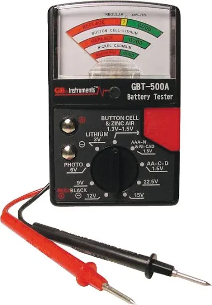 Gardner Bender GBT-500A Analog 1.5 V Button Cell/22.5 Photo/AA/AAA/12 V/9 V/Lantern Cells & More, Leads Battery Tester,14 Battery Range, Black