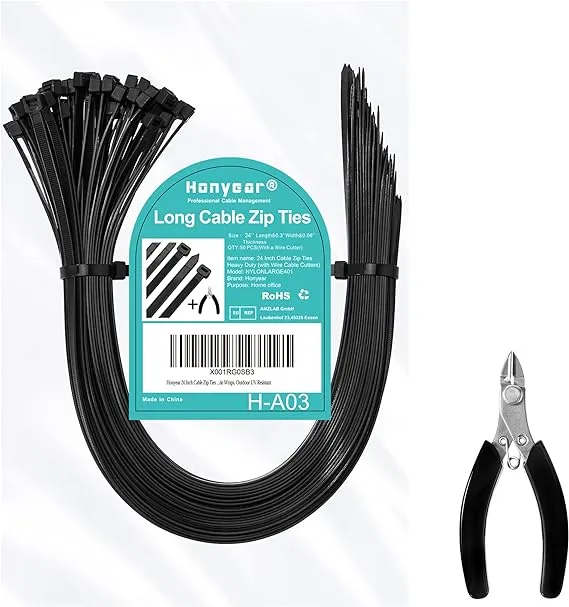 24 Inch Cable Zip Ties Heavy Duty (with Wire Cable Cutters), Strong Large Black Zip Ties with 175 Pounds Tensile Strength, 50 Pack, Long Durable Nylon Black tie Wraps, Outdoor UV Resistant