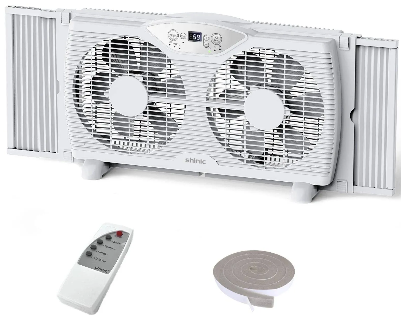 shinic Twin Window Fan with Remote, 9-Inch Blades Reversible Airflow, Thermostat Control, 3 Speeds, 3 Functions, 23.8"-37" Expandable Width, Window Exchaust Fans for Home Bedroom, ETL Certified