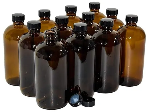 GlassBottleOutlet (Pack of 12) 8 oz. Amber Boston Round with Black Poly Cone Cap