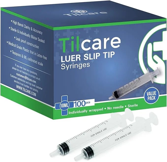 10ml Syringe Without Needle Luer Slip 100 Pack by Tilcare - Sterile Plastic Medicine Droppers for Children, Pets or Adults – Latex-Free Oral Medication Dispenser - Syringes for Glue and Epoxy