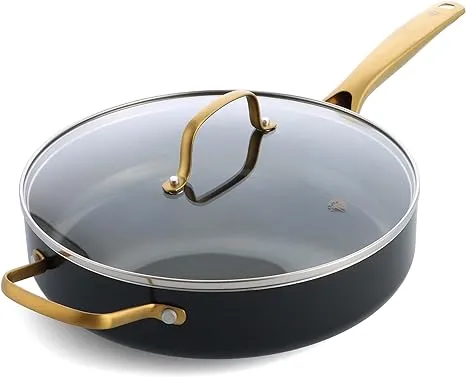 Blue Diamond Gold 4-Quart Sauté Pan with Lid, Ceramic Nonstick, PFOA- Free, Induction Suitable, Dishwasher Safe, Gold Handle, Black