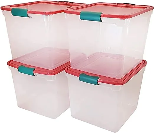 HOMZ 31 Quart Medium Clear Plastic Holiday Storage Container Bin with Latching Handles and Removable Ornament Dividers, (4 Pack)