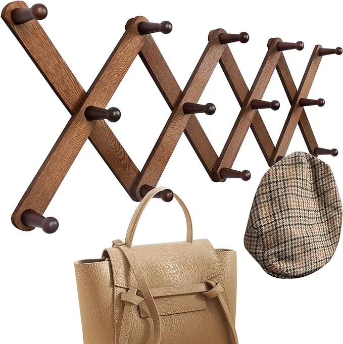 OROPY Wood Accordion Wall Hanger, Expandable Coat Rack Wall Mount with 14 Pegs, Expanding Hat Rack for Wall, X Shape, 27"×10", Walnut Color