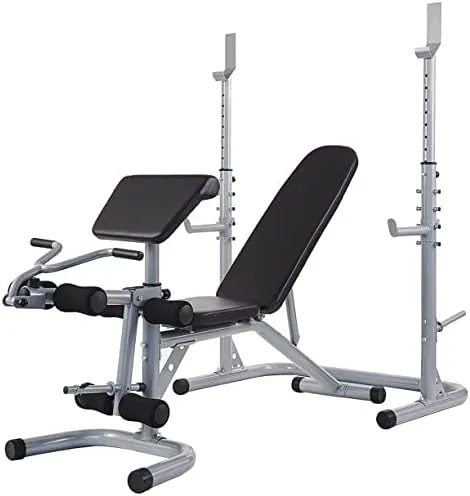 Signature Fitness Powergainz Elegainz EGZ-3000 Adjustable Olympic Workout Bench with Squat Rack, Leg Extension, Preacher Curl, and Weight Storage, 800-Pound Capacity, Grey