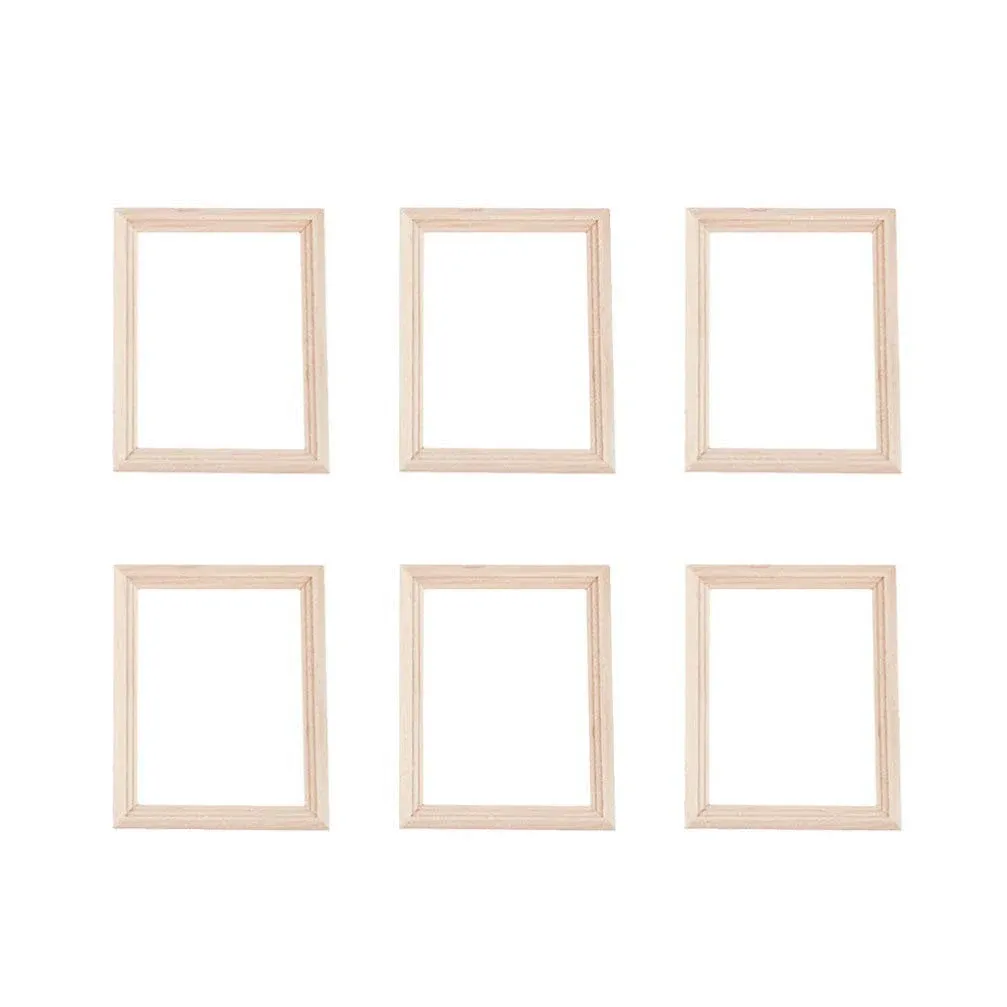 Exceart 6Pcs 1/12 Wood Dollhouse Furniture Unfinished Mini Photo Frame Artificial Miniature Scene Model DIY Wall Art Painting Toys for Nursery Room Photo Props