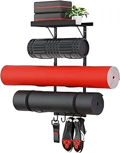 Yoga Mat Holder Wall Mount, Yoga Accessory Mat Storage Rack, Home Gym Accessories Organizer, Floating Shelf and Hooks for Hanging Foam Roller/Band/Workout Equipment at Pilates Fitness Class