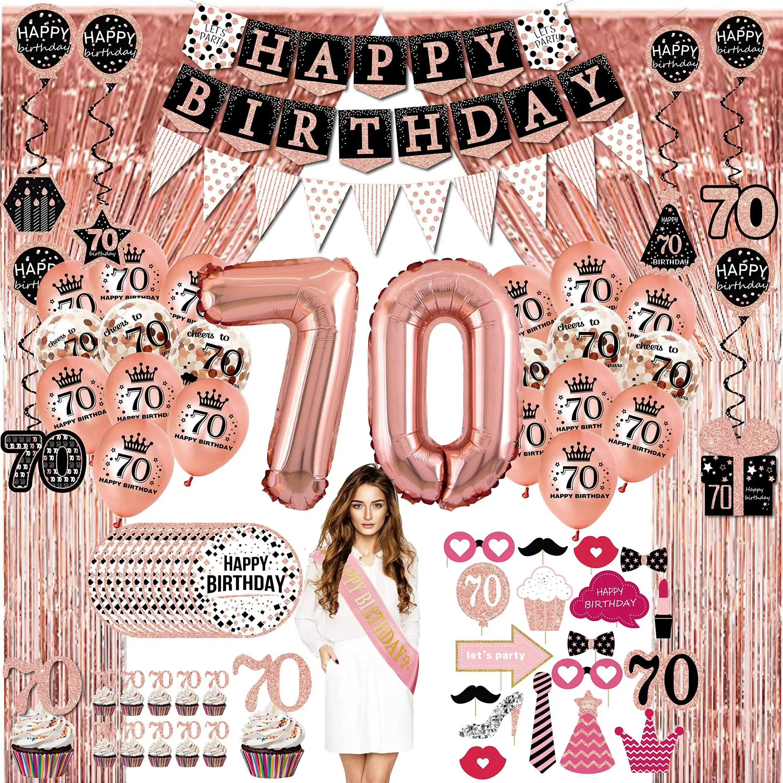 70th birthday decorations for women - (76pack) rose gold party Banner, Pennant, Hanging Swirl, birthday Balloons, Foil Backdrops, cupcake Topper, plates, Photo Props, Birthday Sash for gifts women