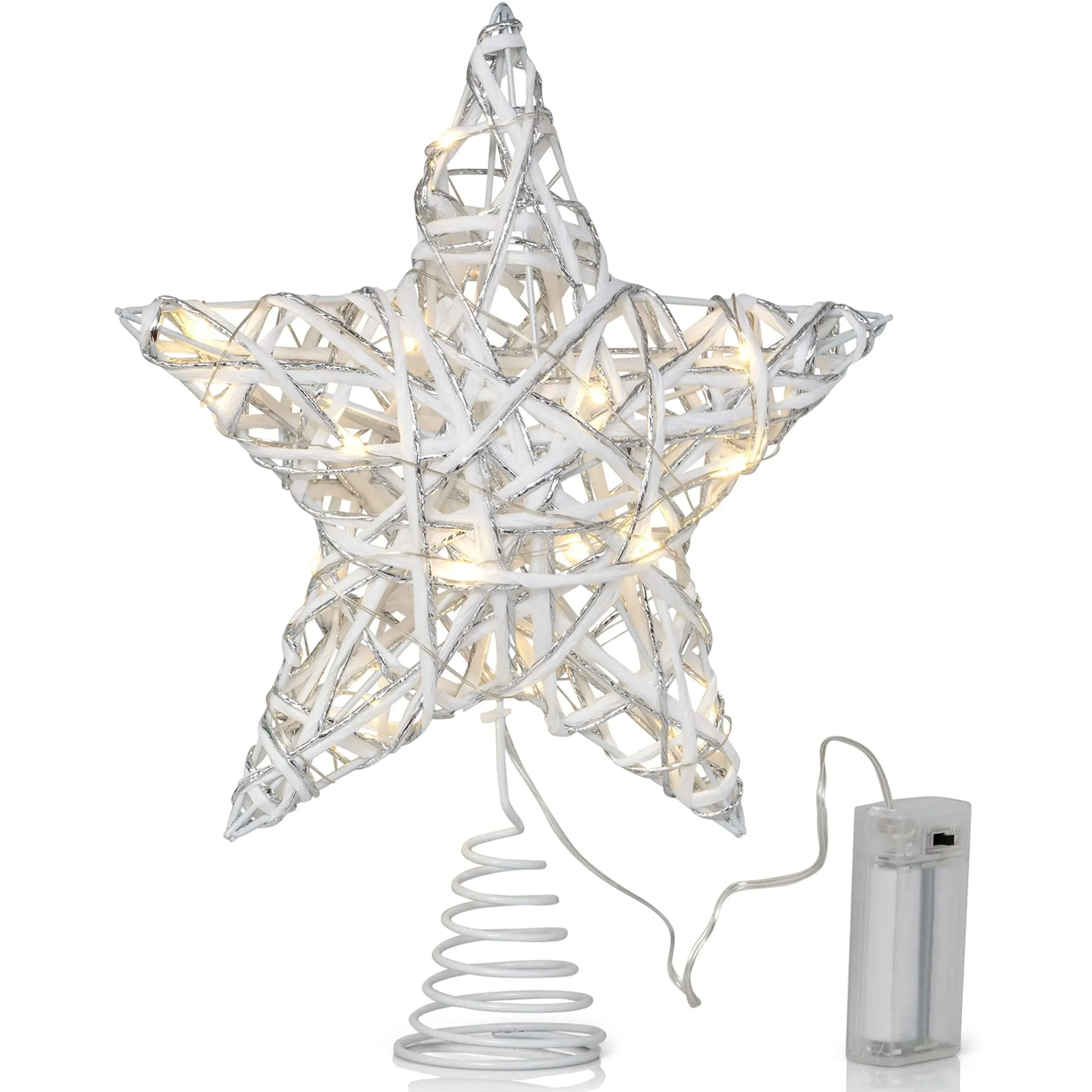 Ornativity Christmas Rattan Tree Topper - White and Silver Xmas Rustic Star LED ...