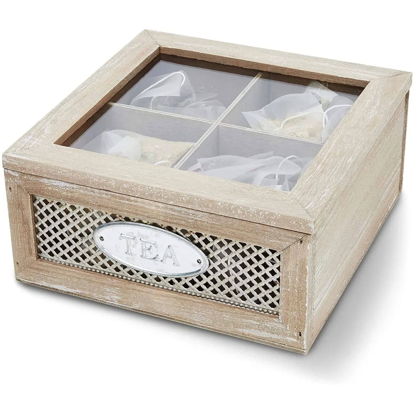 CharactersRustic Tea Bag Organizer with 4 Compartments and Clear Lid - 7x7x3 In