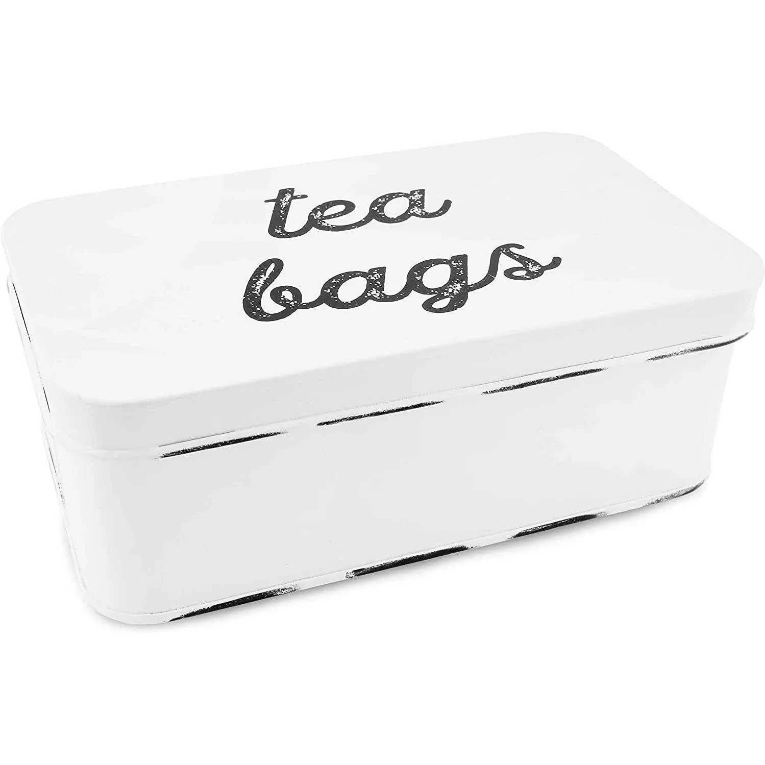 AuldHome Farmhouse Tea Bag Box (White), Vintage Retro Style Enamelware Tea Storage Tin